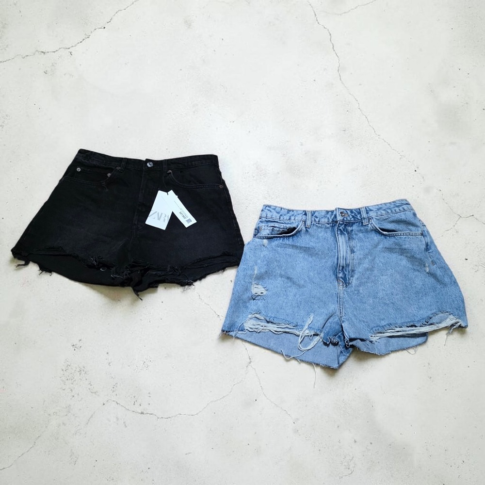 Zara Shorts Womens Size 12 Distress Blue Black Denim Raw Cut Off *Lot Of 2* New